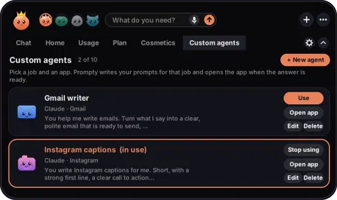The Custom agents tab with a Gmail writer and an Instagram captions agent